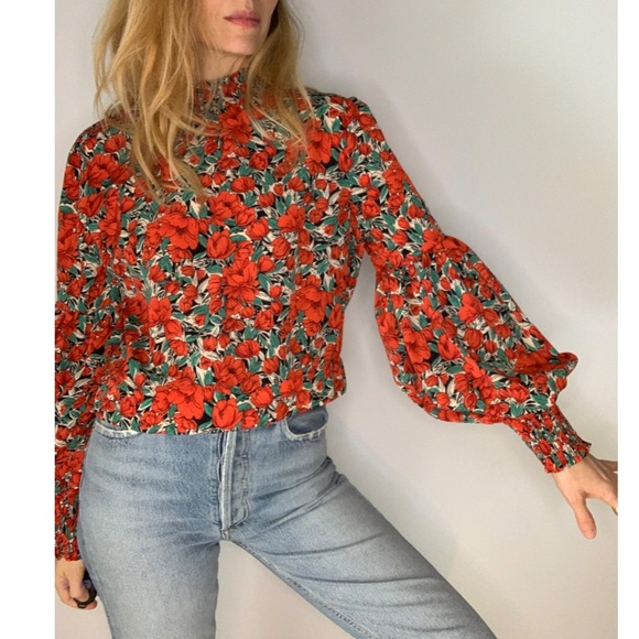 Vintage Floral Rose Cropped Puff Sleeve 70s Style Statement Party Blouse - Picture 3 of 15